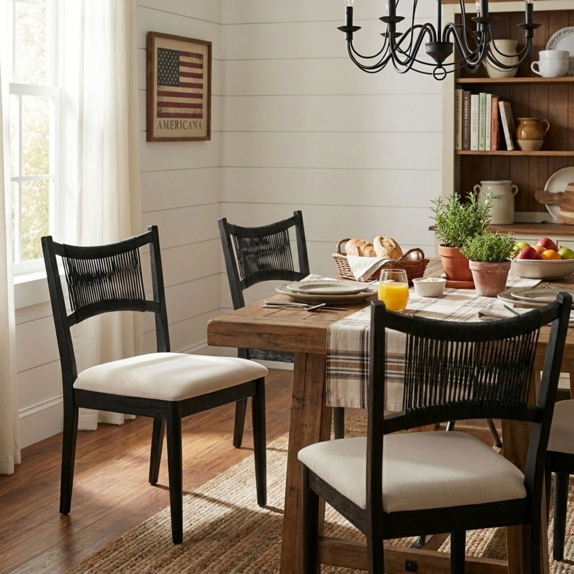 Dayalane Mid-Century Farmhouse Rattan Back Upholstered Dining Chair Set of 6, Woven Kitchen Chair with Solid Wood Frame for Breakfast, Restaurant, Bistro, Linen Black