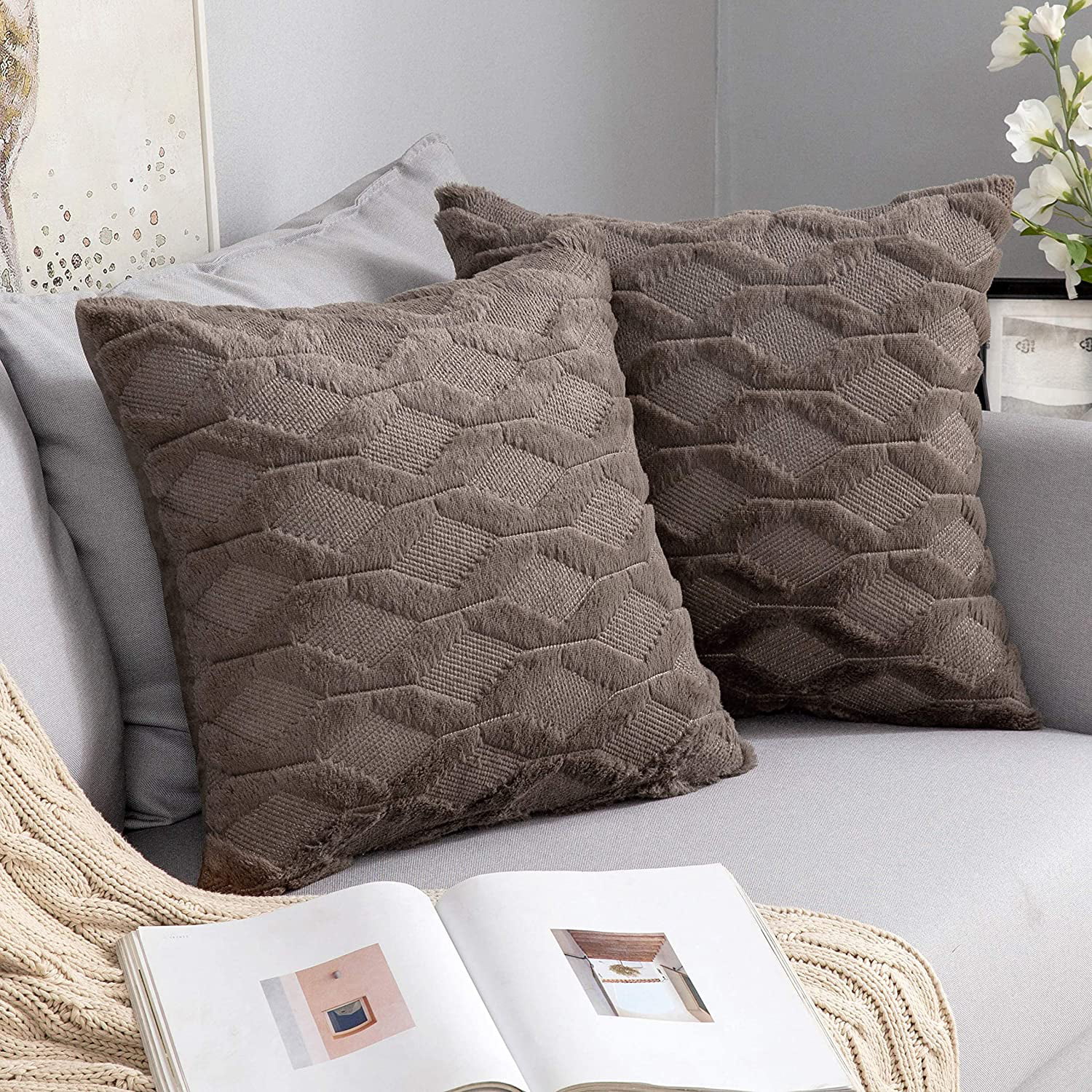 18”x18” Soft Sofa Chair Bed Pillow Bohemian Faux Rabbit Long Hair Case Cover 