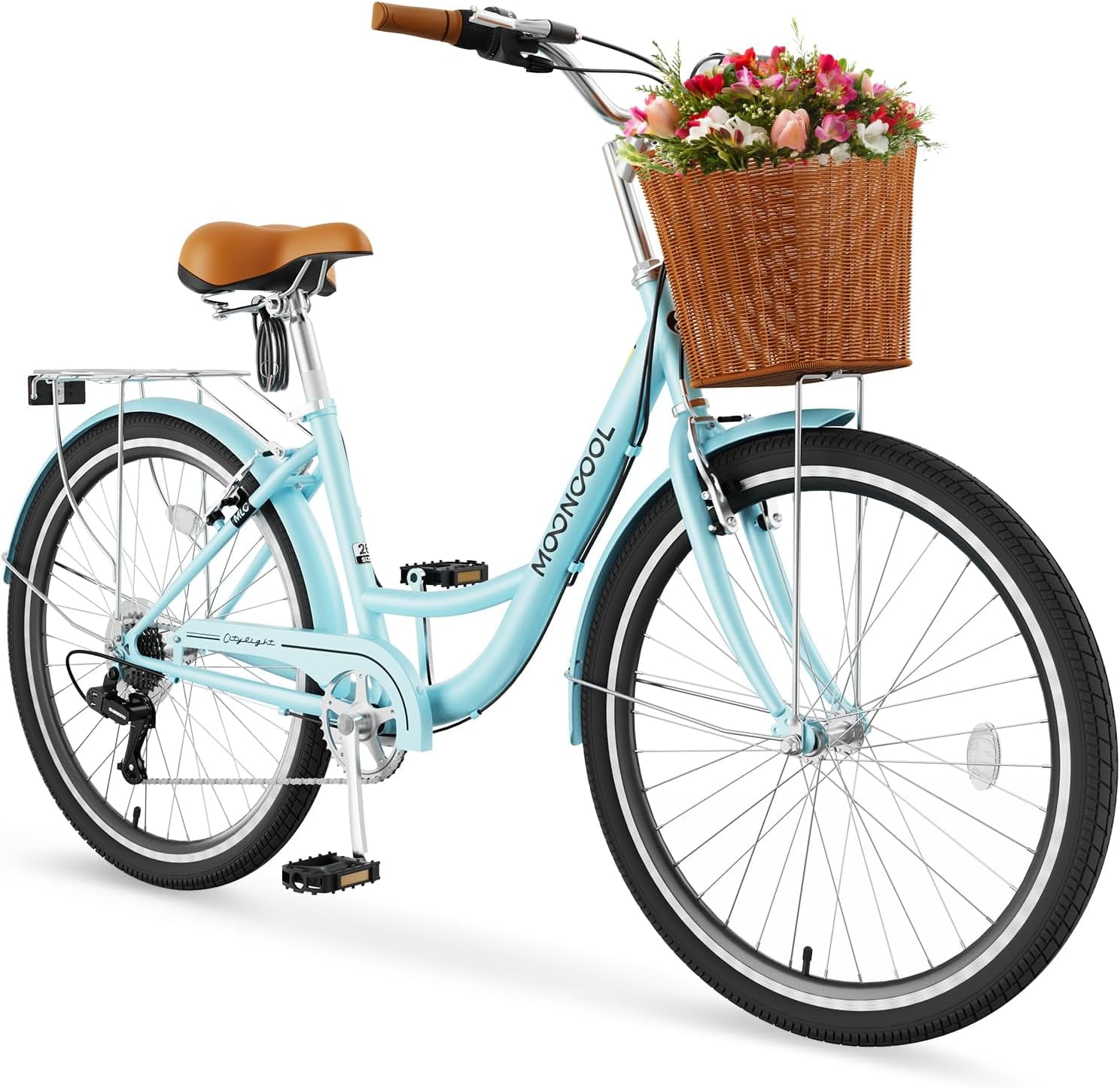 Mooncool 24 & 26 Inch Beach Cruiser Bike for Women, 7 Speed Commute Bike for Adults, Womens Bicycle with Ratten Basket & Rack, Multiple Color