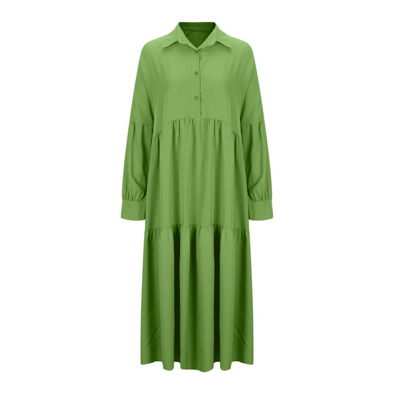 Mrat Pleated Shirt Dress Women's Dress Style V-Neck Long Sleeved Long Skirt Fold High Waisted Solid Color Loose Dress Workout Dresses for Women S-113