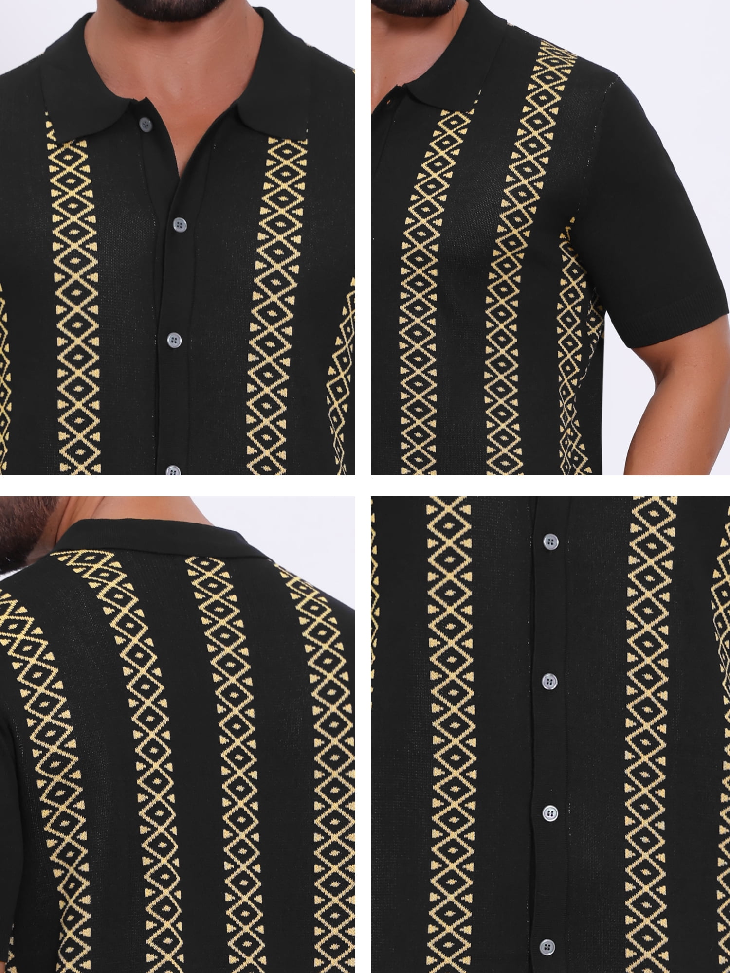 DARING DIVA Men's Jacquard Short Sleeve Button Down Knitted Golf Polo Shirts 2XL Black
