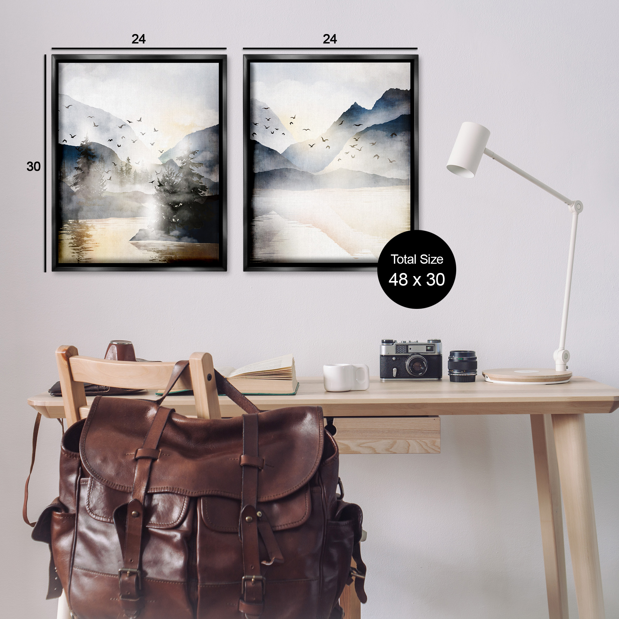 Stupell Industries Sunlit Birds Over Lake Landscape Landscape Painting Black Floater Framed Canvas Art Print Wall Art, 25 x 31, Set of 2