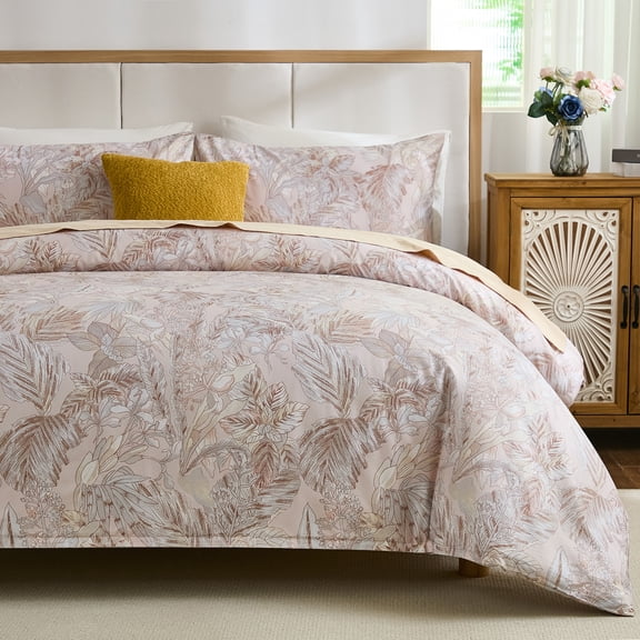 100% Cotton Duvet Cover – Elegant Botanical Bedding Set with Zipper Closure, 3 Pieces Soft Breathable Pink Floral Leaf Pattern Comforter Cover with 2 Pillowcases