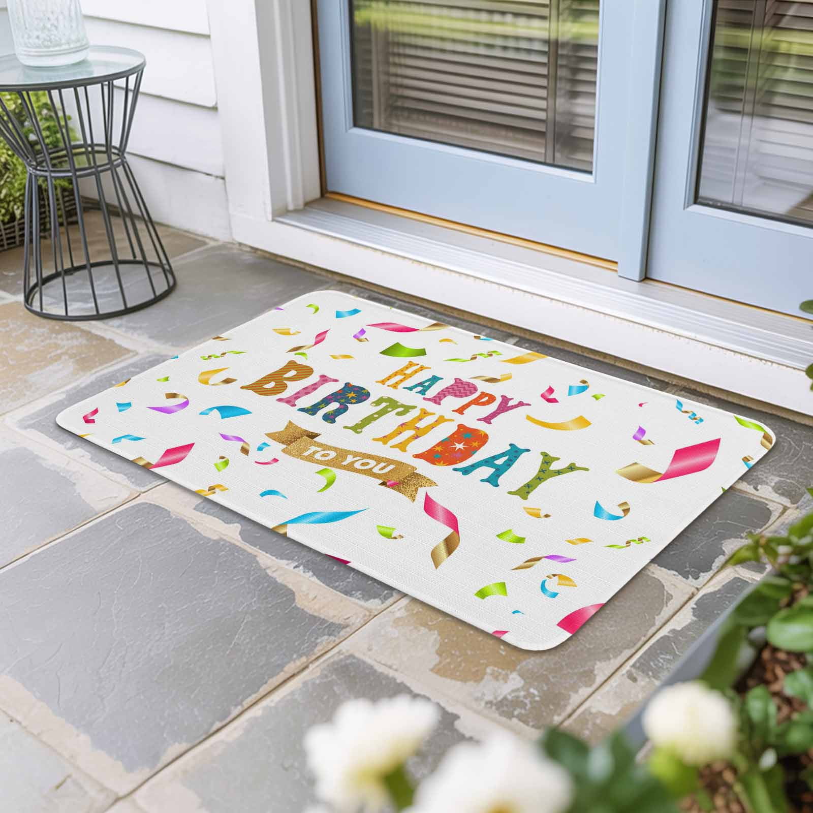 Happy Birthday Doormat Outdoor Entrance 24"x36", Colorful Words Absorb Moisture Dirt Door Mats, Non-Slip Rubber Backing Floor Mats Indoor, Low-Profile Front Door Rugs