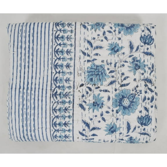 Indian Kantha Quilt Floral Print White Colour Kantha Bedspread Kantha Blanket Cotton Throw Handmade Quilt Single Size Quilt Bedding