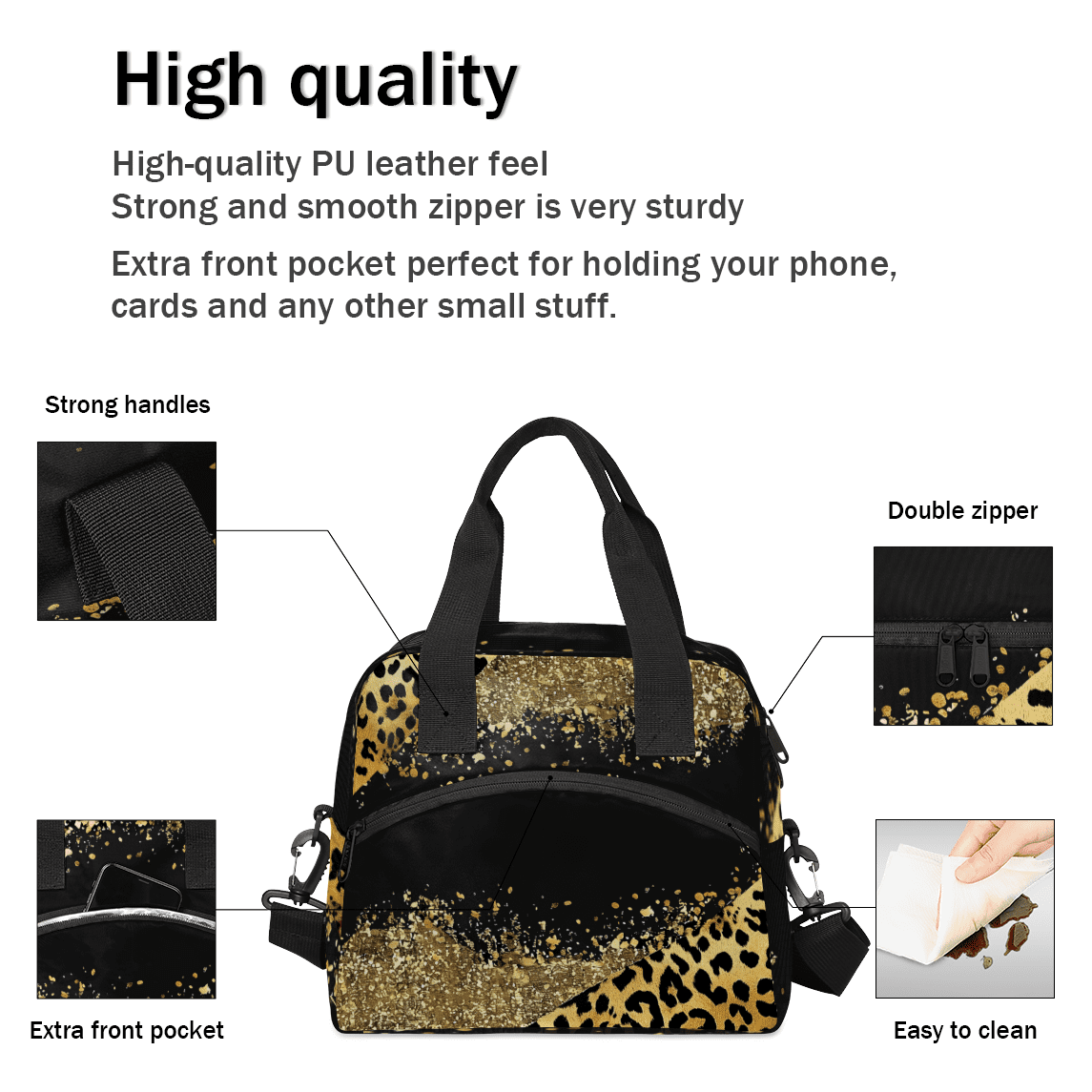 Herdesigns Brown Leopard Cheetah Insulated Lunch Bag for Women Men Adults Large Reusable Lunch Box Leakproof Portable Cooler Tote Bags with Adjustable Shoulder Strap