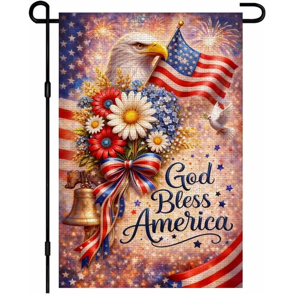 Patriotic Garden Flag God Bless America Burlap Double Sided Eagle Daisy American Yard Flag 12 x 18 Inch for Independence Day Memorial Day Outdoor Decor