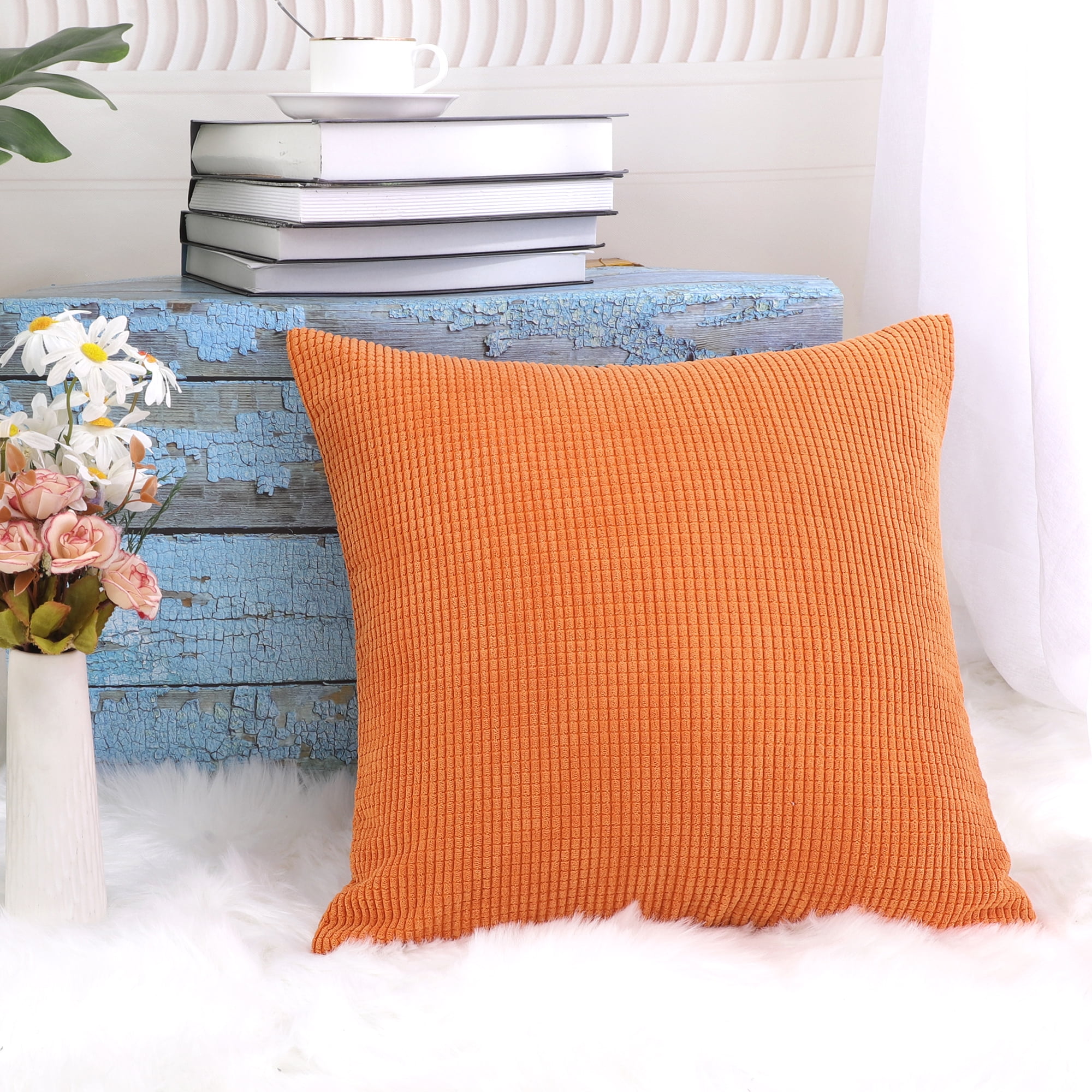 Unique Bargains Corduroy Texture Decorative Throw Pillow Cover Orange 18" x 18"