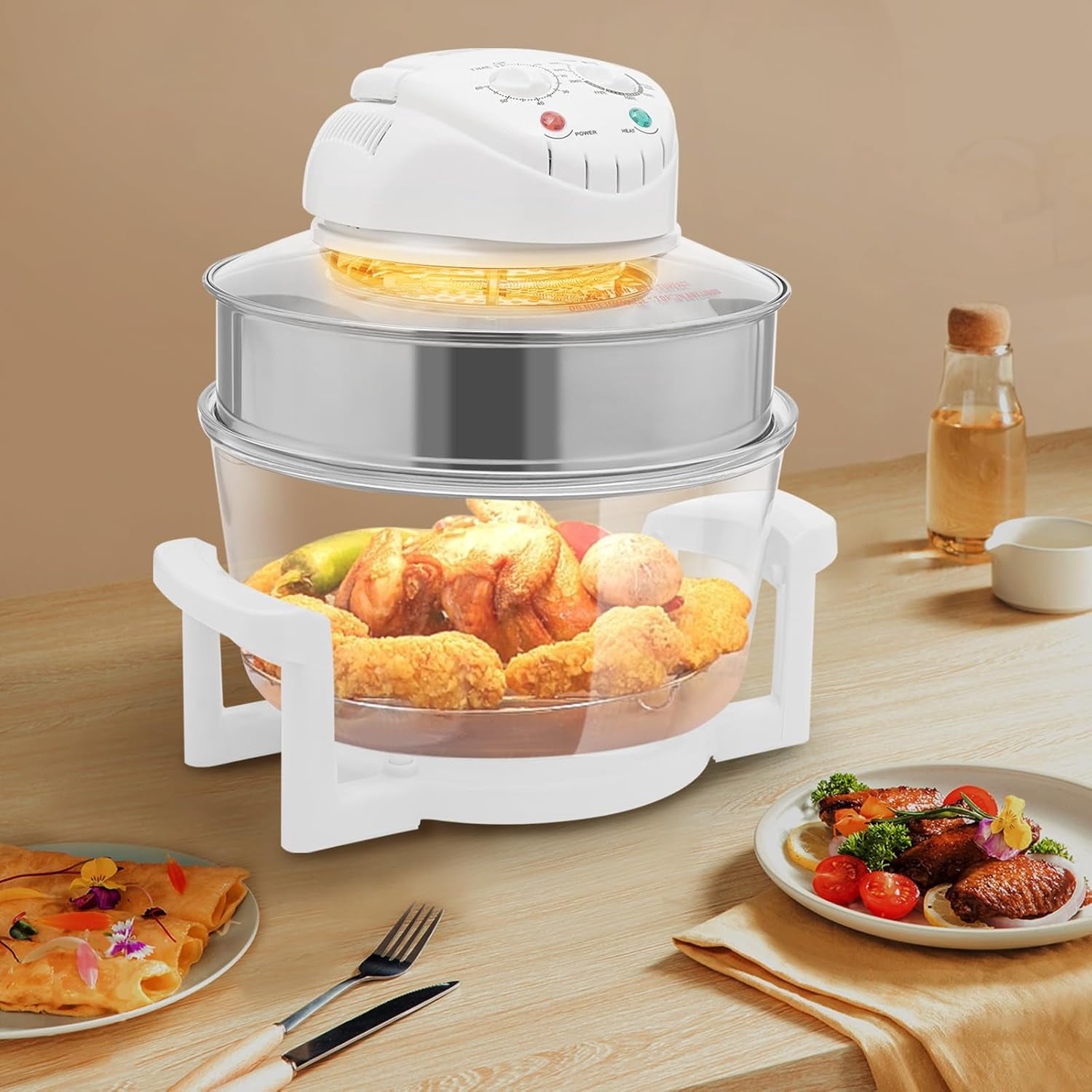 Air Fryer Oven 360 ° Vertical Heating High Boron Heat-Resistant Glass Air Fryer Combo with Automatic Power-off Handle, Electric Convection Oven for Defrost, Bake, Steam, Fry