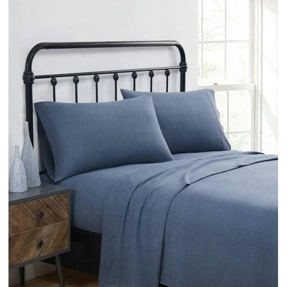 Truly Soft Solid 100% Cotton Flannel Blue 4-Piece Full Deep Pocket Sheet Set, Solid Casual themed, Adult Bedding, OEKO-TEX Certified