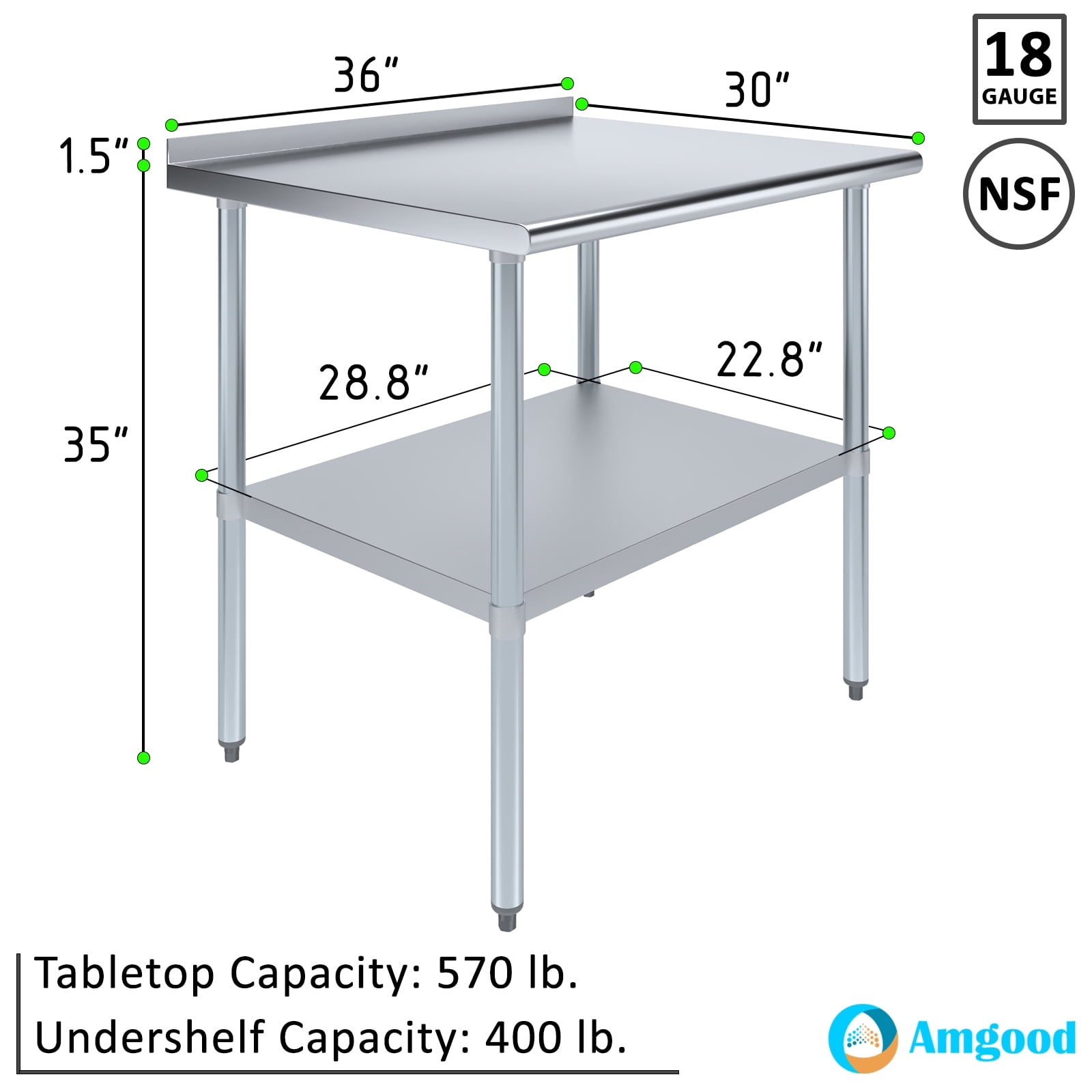 AmGood 30 in. x 36 in. Stainless Steel Work Table with 1.5 in. Backsplash | Metal Kitchen Food Prep Table