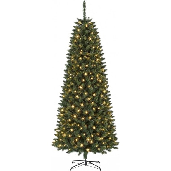 Twister.CK 9FT Artificial Christmas Tree, Skinny Xmas Trees with LED Light, Pre-Lit Pencil Christmas Tree, Xmas Holiday Decoration for Home, Apartment, Office, Party