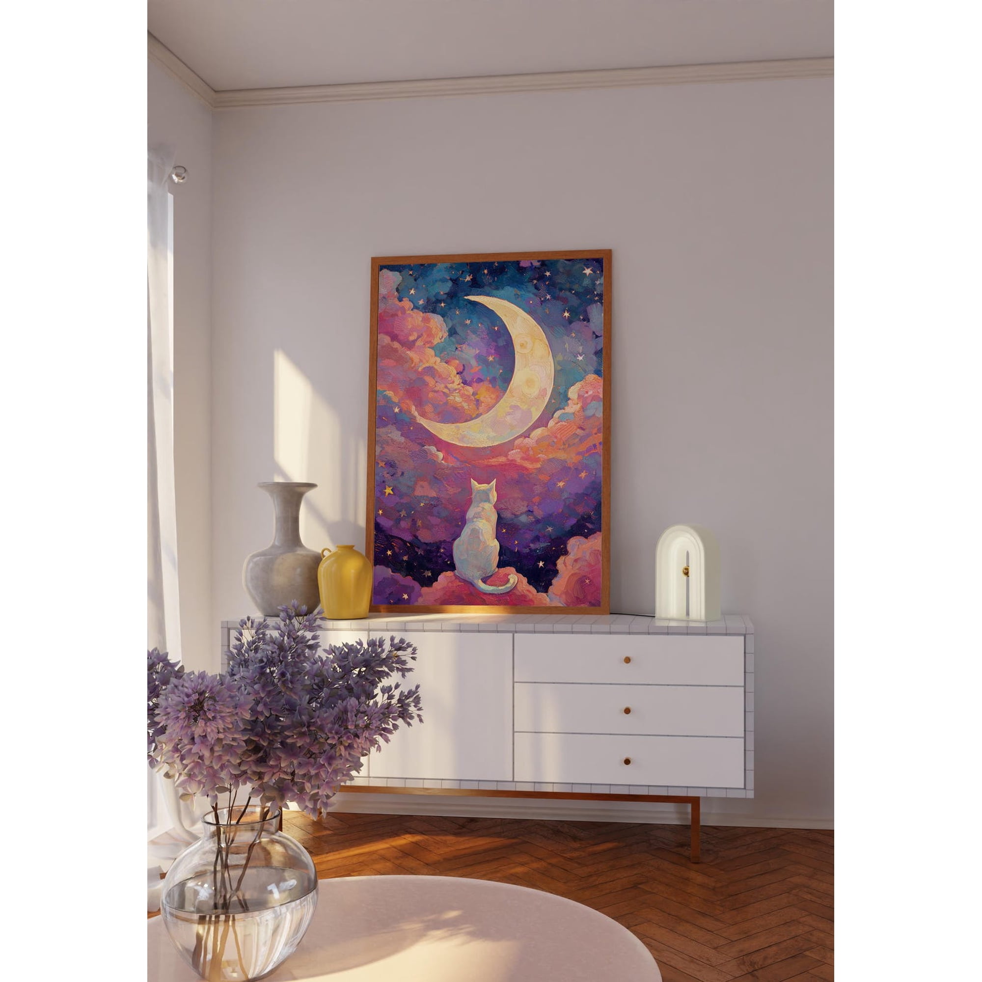 Whimsical Cat Art Print Moon Cat Celestial Fantasy Wall Decor Dreamlike Surreal Poster Mystical Cat Cute Apartment Decor Wall Art Modern Wall Decor 8x12 UNFRAMED