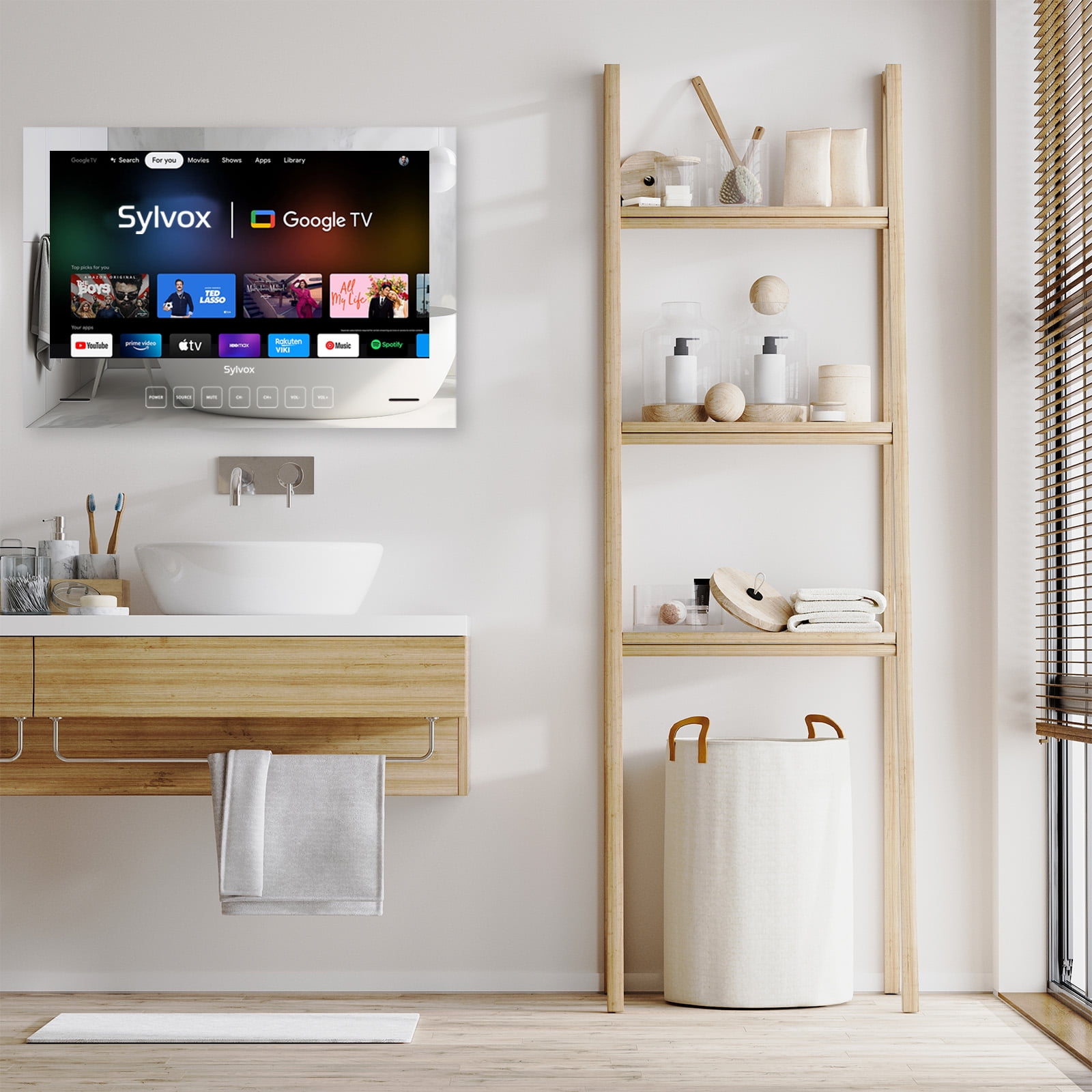 Sylvox 24" Bathroom TV, Smart Mirror Television with Google TV OS, 1080P HDR10 500nits, NTSC,ATSC,IP66 Weatherproof for Bathtub Shower, Embedded