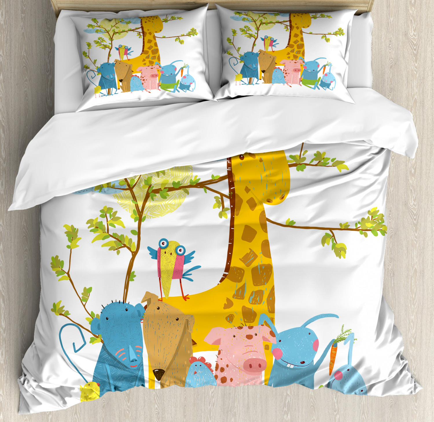 Kids Boys Queen Size Duvet Cover Set, Zoo Animals Sitting under a Tree Cartoon Style Giraffe Pig Bunny Monkey and Hen, Decorative 3 Piece Bedding Set with 2 Pillow Shams, Multicolor, by Ambesonne - image 1 of 3