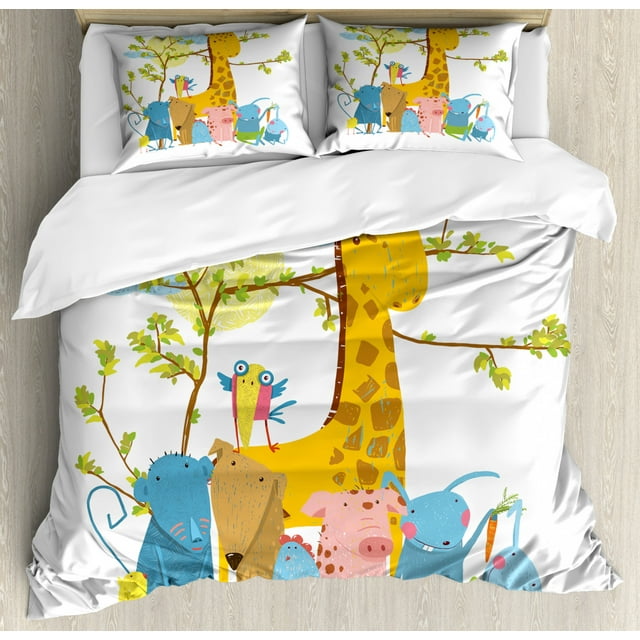 Kids Boys Queen Size Duvet Cover Set, Zoo Animals Sitting under a Tree Cartoon Style Giraffe Pig Bunny Monkey and Hen, Decorative 3 Piece Bedding Set with 2 Pillow Shams, Multicolor, by Ambesonne