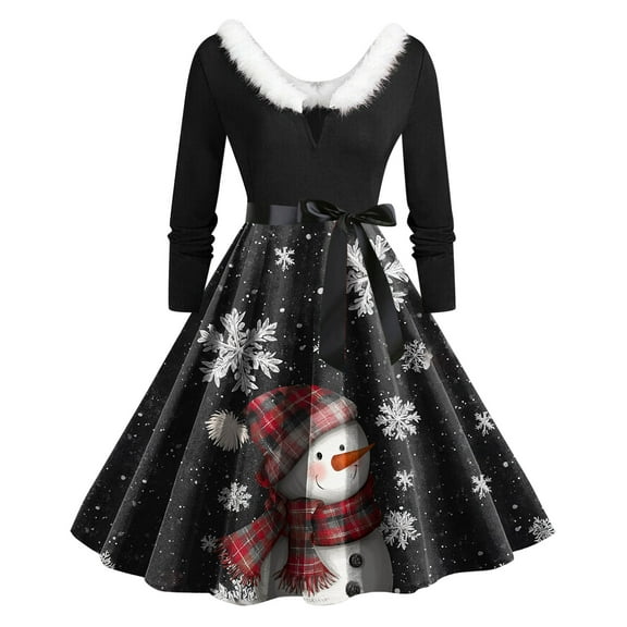 felwors Women's Christmas Snowman & Winter Scene Print Swing Dress - Faux Fur Collar, Belted Waist Long Sleeve Festive Dress Black, L