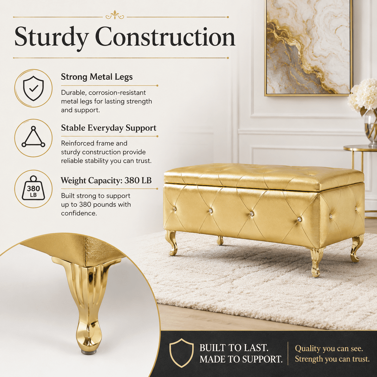Aukfa 38" Upholstered Storage Ottoman Bench with Hidden Storage, Crystal Tufted Faux Leather Bed Bench, 380 lb, Gold