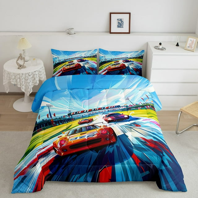 YST Ensemble de Literie Complet Voiture de Course, Ensemble de Literie Imprimé Voiture de Sport, Couette de Sport Extrême, Ensemble de Couette de Course Moderne Abstrait, Couette Matelassée pour Chambre d'Enfants Garçons, Microfibre 3 Pcs