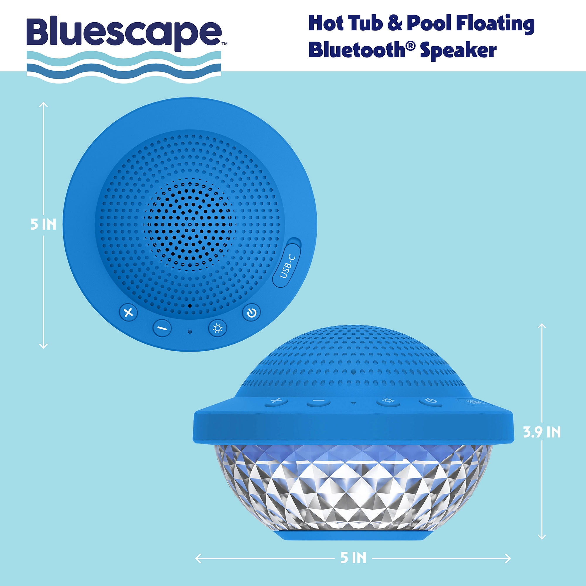 Bluescape Floating Bluetooth Speaker – IPX7 Waterproof, LED Light Show, FM Radio, 6-Hr Playtime, True Wireless Stereo, for Hot Tubs, Pools & Beach