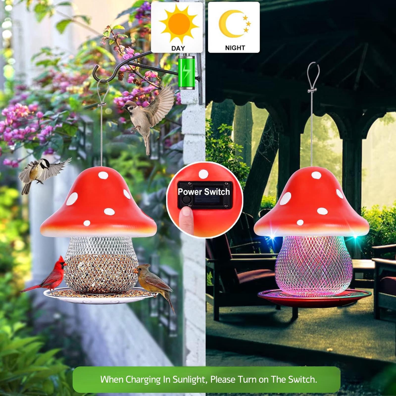 Mushroom Bird Feeder, Solar Outdoors Hanging Color Changing Solar Garden Lantern Red, Color Changing Solar, Gifts for Bird Lovers, Birdfeeder