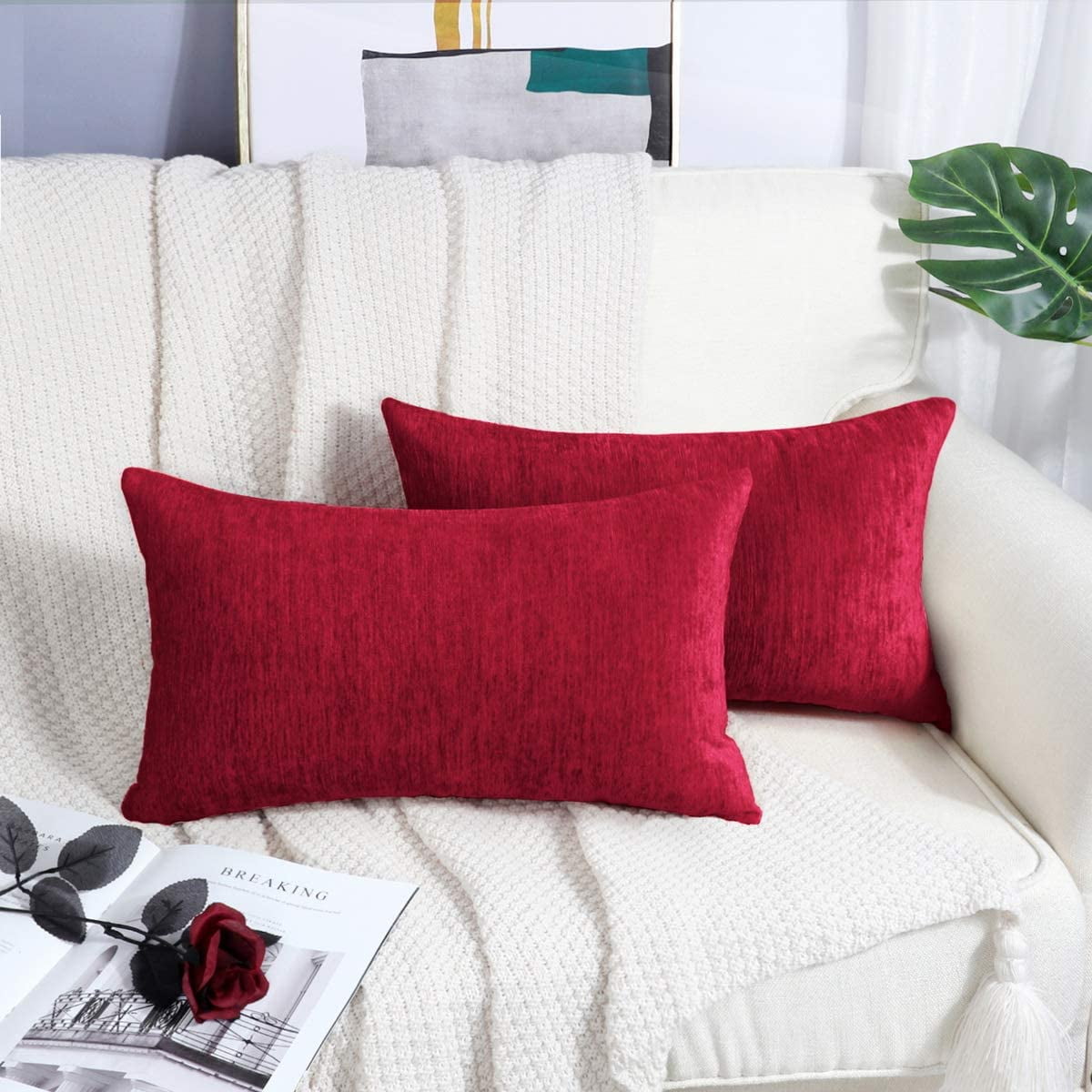 Htooq Pack Of 2 Chenille Throw Pillow Covers Deep Red Chenille Pillow Cover 12 X 20 Inches Decorative Couch Pillows For Living Room Home Decoration