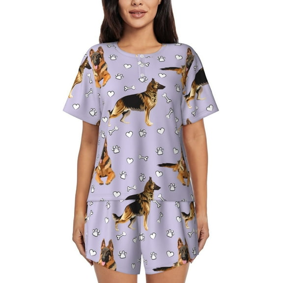 Logiee German Shepherd Dog Print Womens Pajamas Set,Short-Sleeve Pajama 2 Piece Sleepwear with Pockets-Small