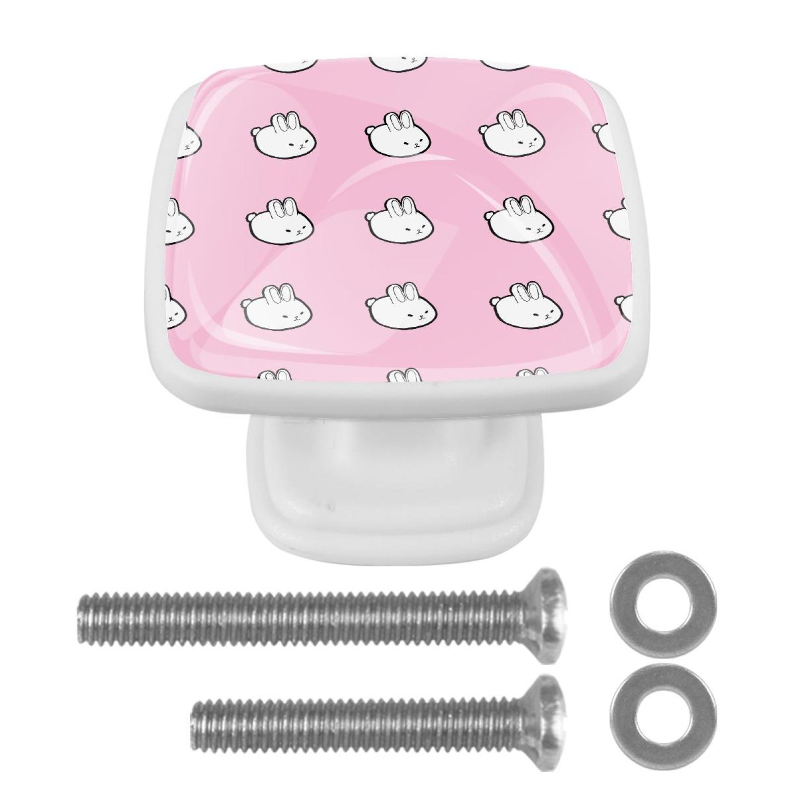 Ownta White Cute Rabbits Pink Background Square Glass Drawer Handles
