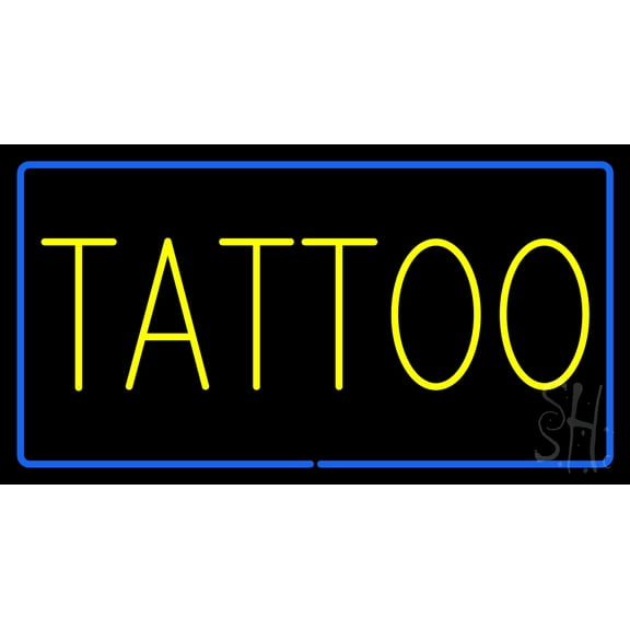 Yellow Tattoo Blue Border LED Neon Sign 20" Tall x 37" Wide - inches Black Square Cut Acrylic Backing, with Dimmer - Premium built indoor Sign for Storefront, Store interior, Workshop, Studio.