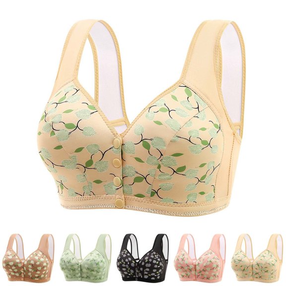 Gymayou Middle Aged Women Front Snap Wireless Bra Printed Comfort Bralette Soft Skin Friendly Front Closure Bras Beige 36/80