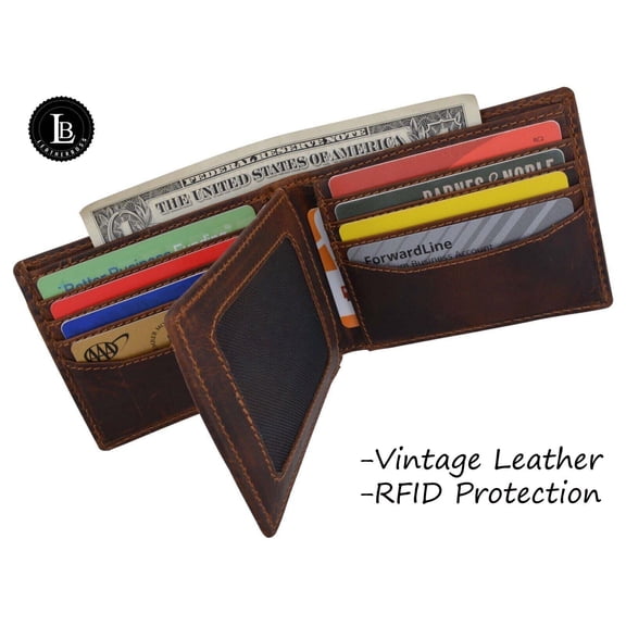 Leatherboss RFID Blocking Slim Mens Bifold Wallet, Brown