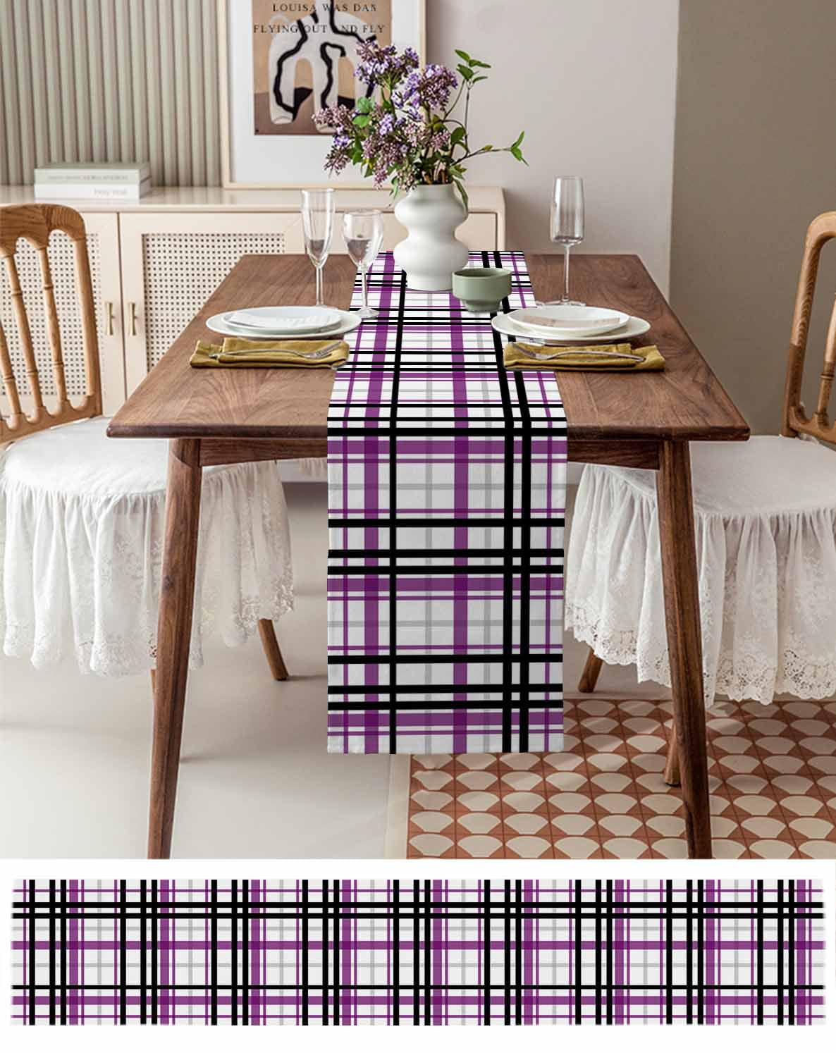 Ldtrchee Purple Black Plaid Table Runner 72 Inches, Farmhouse Purple Black Checkered Bed Runner Dresser Scarves Tabletop for Indoor Outdoor Parties/Ceremony/Banquet, 14" x 72"