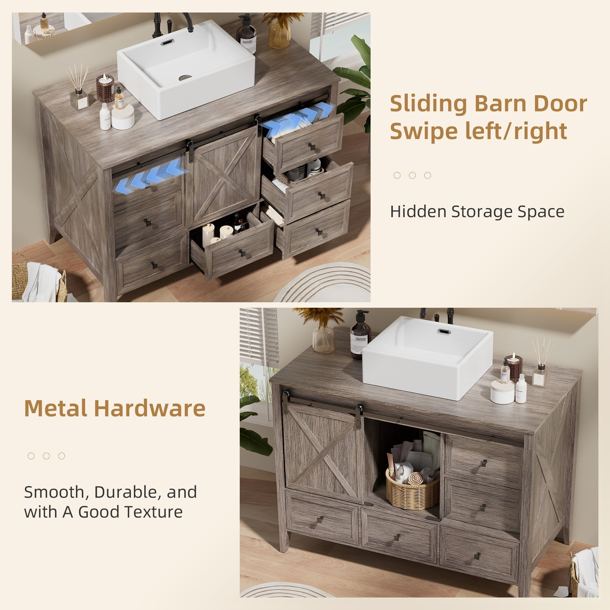 VNN Bathroom Vanity with Sink - 48 Inch Bathroom Vanity with Sink Ceramic, Freestanding Cabinet with Farmhouse Sliding Barn Door and 7 Drawers, Space-Saving Storage Cabinet, Grey Wood Grain Texture
