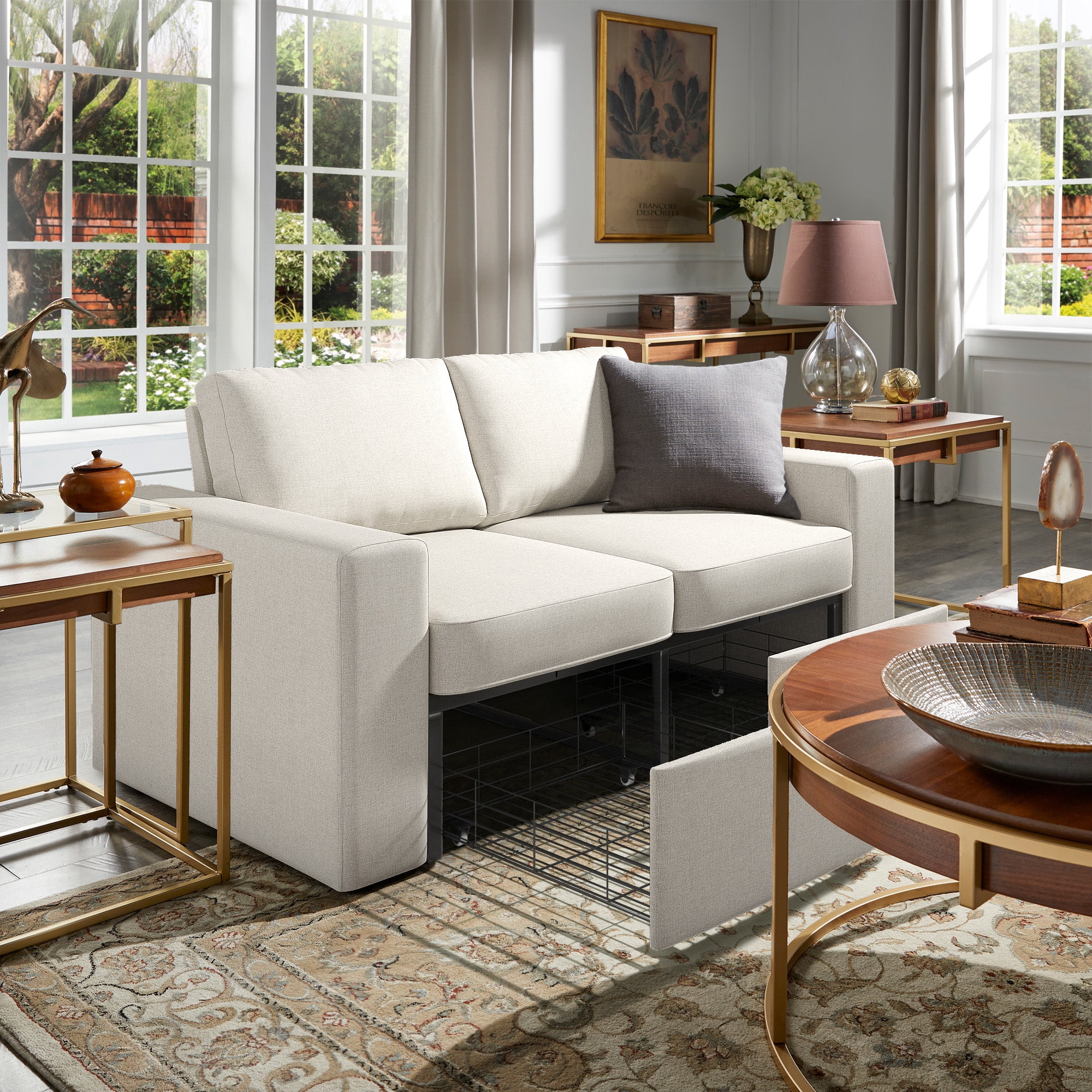 Weston Home Glen Park Upholstered Loveseat with 2 Hidden Metal Wire Storage Drawers, Ivory