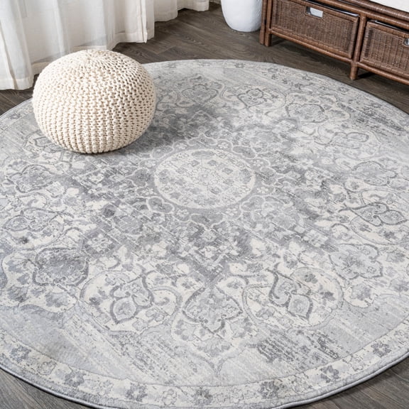 JONATHAN Y MODERN PERSIAN 6' Round Area Rug, Vintage Moroccan Medallion - Light Gray, MDP103B-6R