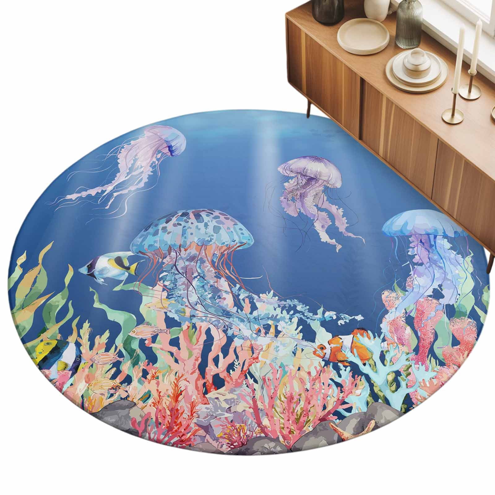 Small Round Rug 3Ft, Jellyfish Coastal Non-Slip Washable Circle Rugs Carpet, Nautical Ocean Summer Beach Coral Sea Indoor Outdoor Rug Floor Mats Throw Runner for Bedroom Living Room Bathroom