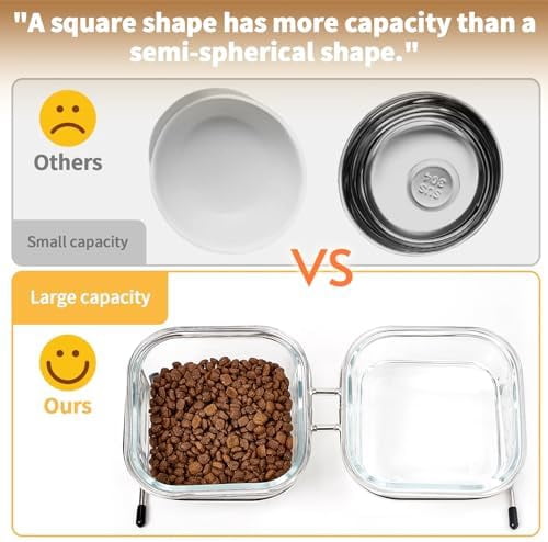 Elevated Cat Bowls, 15° Tilted Glass Raised Cat Food Bowl with Stainless Steel Stand, 2 Large Capacity Glass Cat Bowls and 4 Anti Slip Feet, Suitable for Cats and Little Dogs