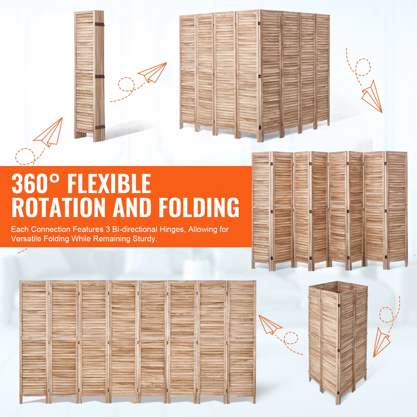 KFFKFF Wooden Partition, 8-Panel Folding Privacy Barrier, 66.9 Inches High Indoor Slatted Divider, Movable Decorative Screen, Ideal for Space Division in Homes, Offices, Restaurants & Bedrooms
