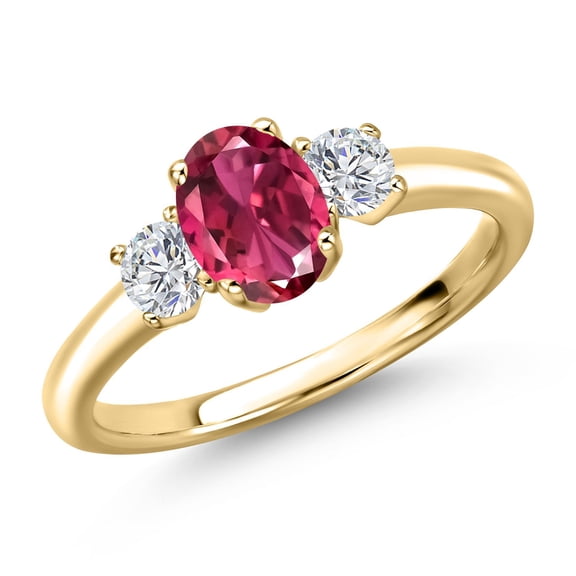 Gem Stone King 10K Yellow Gold Pink Tourmaline and Lab Grown Diamond Engagement Ring for Women | 1.19 Cttw | Oval 7X5MM | Gemstone October Birthstone | Size 5