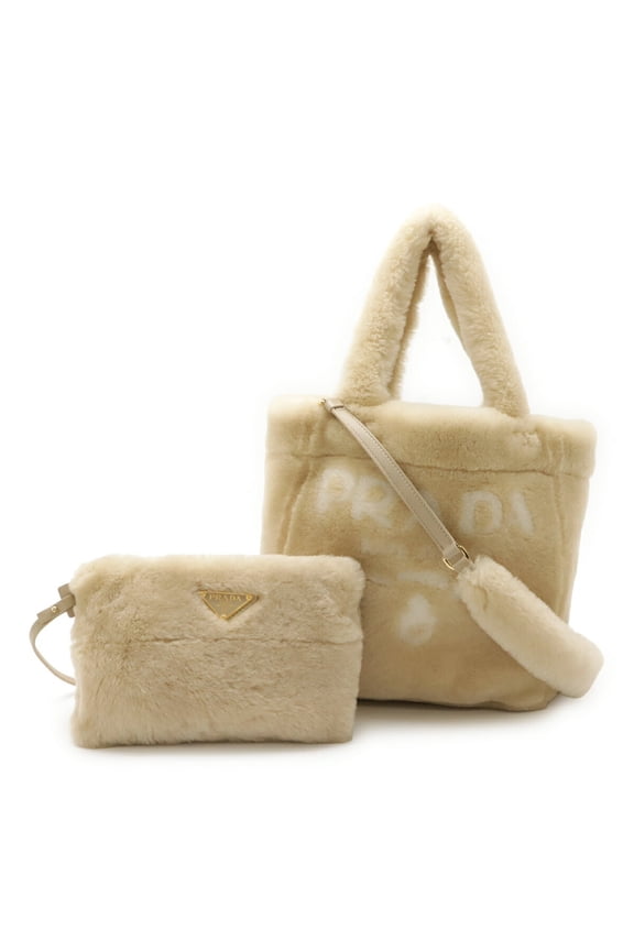 Pre-Owned PRADA Terry SPUGNA Tote/Shoulder Bag, Shearling, Beige, 1BG130