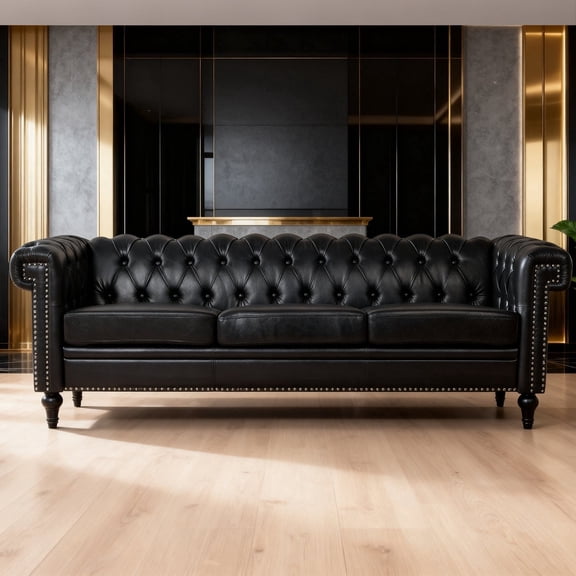 Chalantevo 83.6" Chesterfield 3-Seater PU Leather Sofa with Rolled Arms and Nailhead Trim