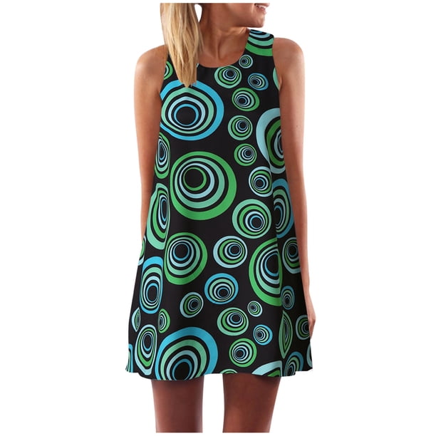 WILLBEST Vestidos de Verano para Mujer Vintage Boho Verano sin Mangas Playa Estampado Mini Vestido Corto Grande
