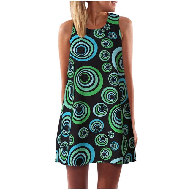 WILLBEST Vestidos de Verano para Mujer Vintage Boho Verano sin Mangas Playa Estampado Mini Vestido Corto Grande