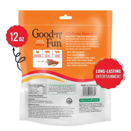 Good 'n' Fun Triple Flavor Wings, Rawhide Chew for All Dogs, 12 oz