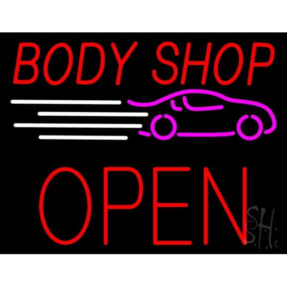 Red Body Shop Open Block LED Neon Sign 15 x 19 - inches, Clear Edge Cut Acrylic Backing, with Dimmer - Bright and Premium built indoor LED Neon Sign for automotive store, and mall.