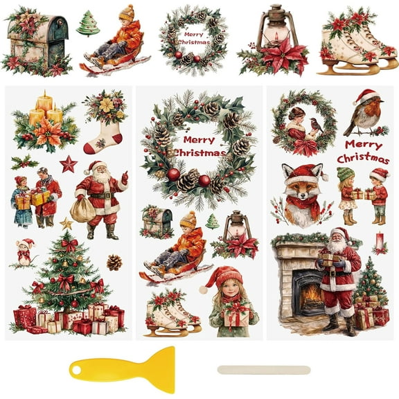 3 Sheets UV DTF Cup Warp Merry Christmas Rub on Transfer Stickers, Waterproof Decals for DIY Glass Window Water Bottle Furniture Crafts,15 * 30cm