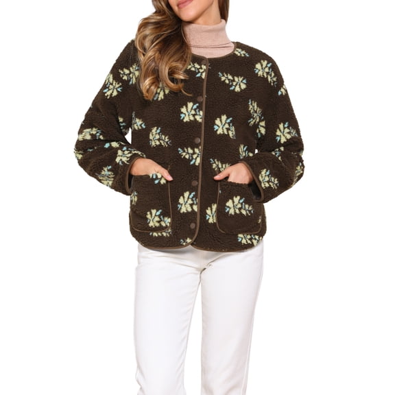INSPIRE CHIC Fleece Jacket for Women's Vintage Floral Print Long Sleeve Winter Warm Outwear Collarless Faux Shearling Coat XS Brown