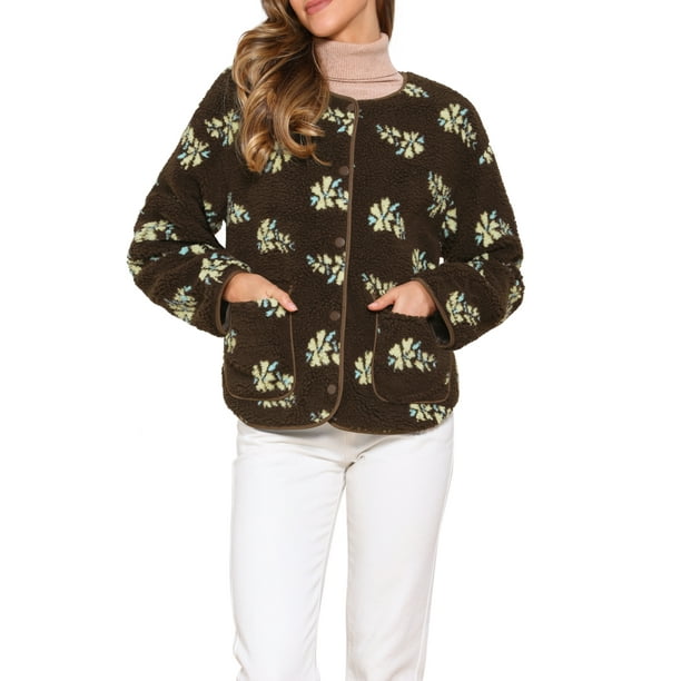 Chaqueta de forro polar Inspire Chic para mujer, abrigo de invierno cálido con estampado floral vintage, de manga larga, sin cuello, abrigo de piel sintética, marrón