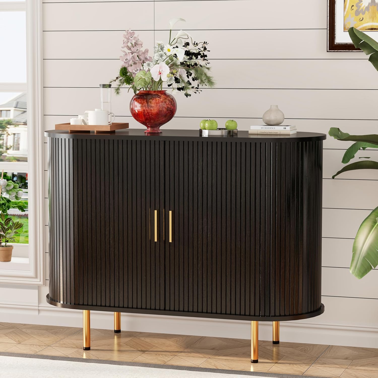 TiramisuBest Sideboard Buffet Cabinet with Storage, 40" Storage Cabinet with Fluted Tambour Sliding Doors & Adjustable Shelf for Entryway, Kitchen, Home Bar (Black)