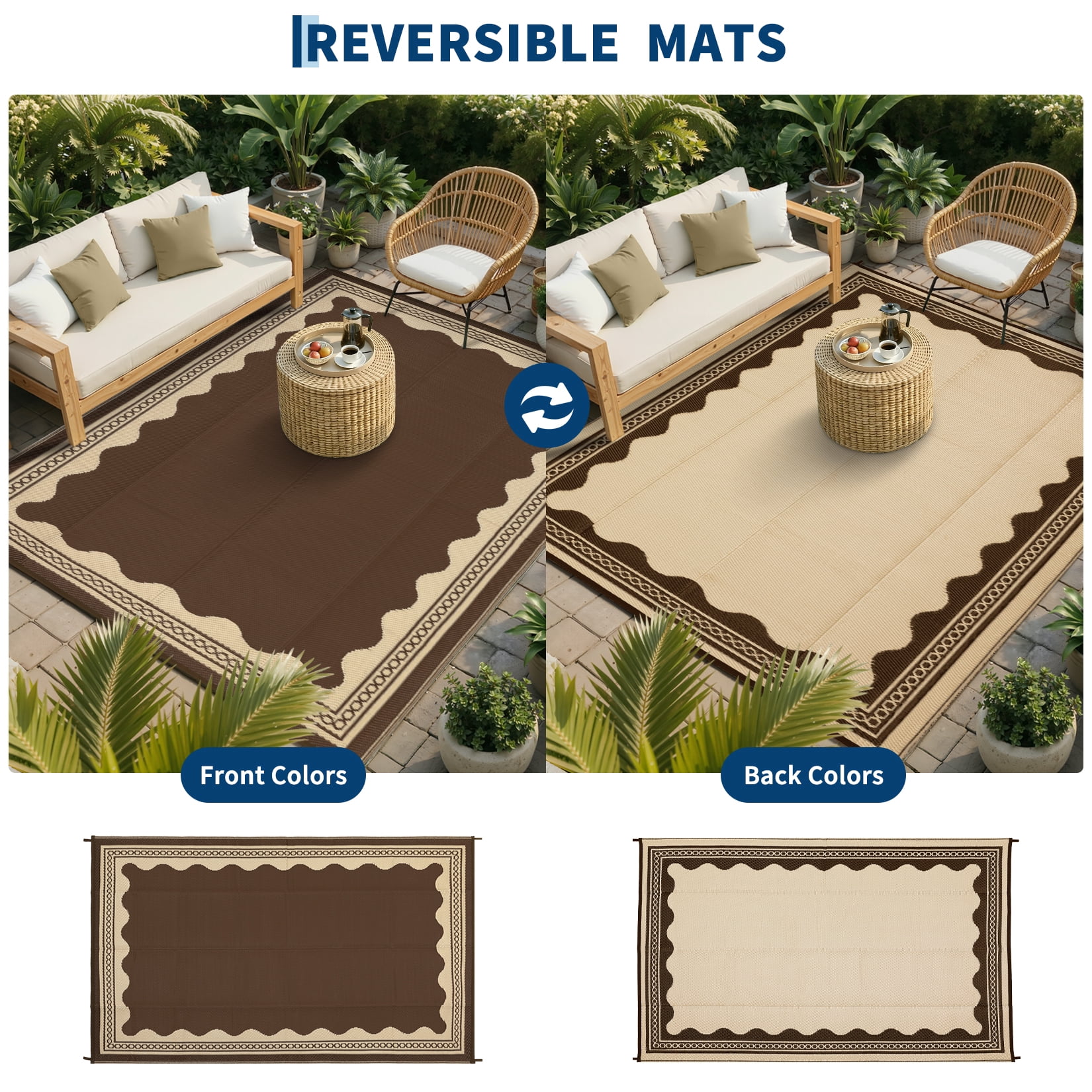 Garvee Outdoor Rug 8x10ft Modern Bordered Reversible Plastic Straw Rug, Waterproof RV Camping Rug Foldable Patio Rug for Deck Porch Balcony Backyard Picnic Beach, Brown